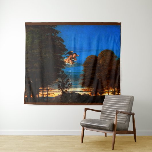 Putto in blauer Himmel verströmt eine Kaskade weiß Wandteppich (Beispiel (Horizontal))