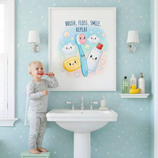 Putz, Zahnseide, Spülung, Waschen Kinder Badezimme Poster