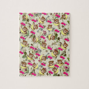 Puzzle Blumenaffen Bananen Rosa Herzen