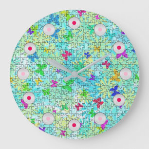 Puzzle Butterflies and Daisies-Colorful by STaylor Große Wanduhr