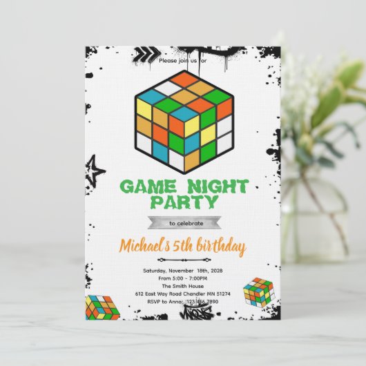 Puzzle Cube Game Party Invitation Einladung (Stehend Vorderseite)