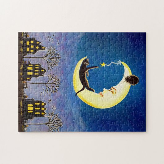 Puzzle Halloweens, sichelförmiger Mond mit Katzen (Horizontal)