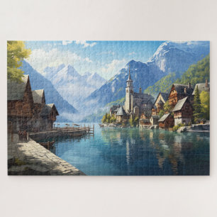 Puzzle mit charmantem Dorf in den Alpen, Europa.