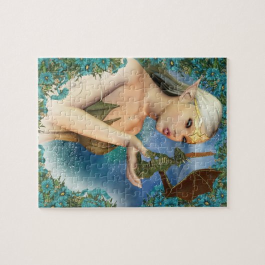 Puzzle mit Fantasie-Elf und niedlichem Drachen (Horizontal)