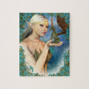 Puzzle mit Fantasie-Elf und niedlichem Drachen