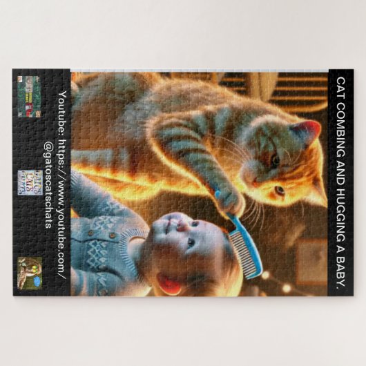 PUZZLE OF A CAT COMBING AND HUGGING A BABY. (Horizontal)