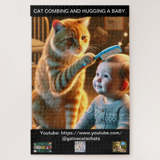 PUZZLE OF A CAT COMBING AND HUGGING A BABY. (Vertikal)