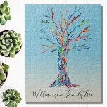 Puzzle personalisierter Baum<br><div class="desc">Personalisiertes Family Tree Puzzle Dieses stilvolle Puzzle ist mit einem farbenfrohen Family Tree Design auf blauem Ober-Hintergrund dekoriert. Passen Sie es mit Ihrem Familiennamen an. Der Baum wurde ursprünglich aus Mosaik mit winzigen Teilen aus farbigem Glas hergestellt. Original Mosaik © Michele Davies.</div>