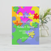 Puzzle Pieces Boy Baby Dusche Einladung (Stehend Vorderseite)