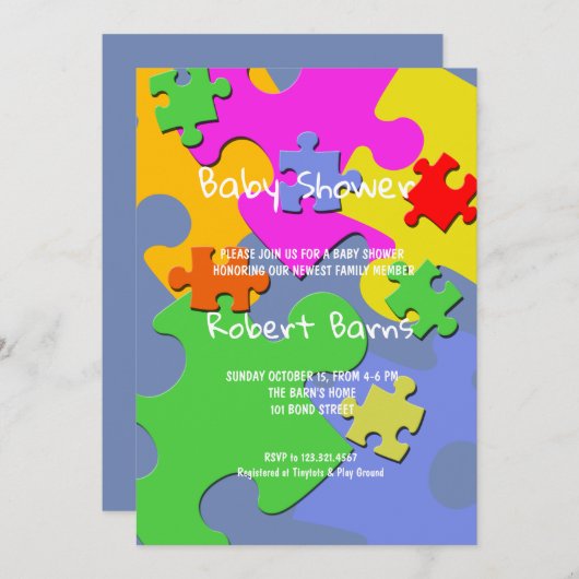 Puzzle Pieces Boy Baby Dusche Einladung (Vorne/Hinten)