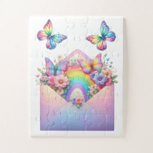 Puzzle- Regenbogen Glitter Schmetterling & Blume  Puzzle
