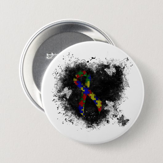 Puzzle Ribbon Grunge Herz Button (Vorne & Hinten)