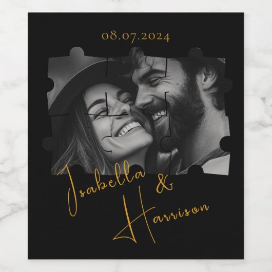 Puzzle Shaped Custom Foto Hochzeit Schwarz und Gol Weinetikett (Einzelnes Label)