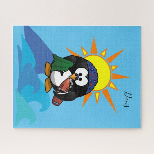 Puzzles Blue Pinguin Surfer Sun Ozean (Horizontal)