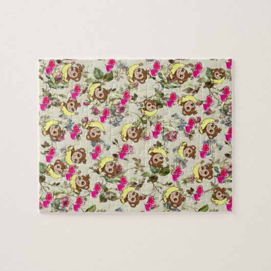 Puzzles Blumenaffen Bananen Rosa Herzen (Horizontal)