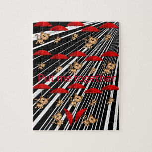 Puzzles Cats Roter Regenschirm Grau Schwarzer Stre