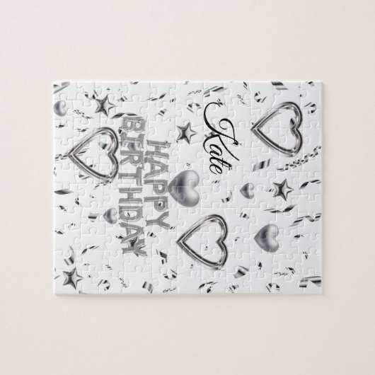Puzzles Happy Birthday Silberne Herzen (Horizontal)