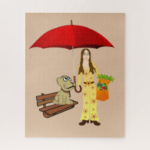 Puzzles Hippie Hund Roter Regenschirm