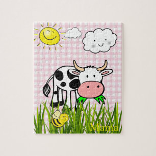 Puzzles Kuh Hummel Sonne Wolken Rosa Kariert