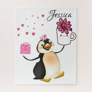 Puzzles Pink Floral Pinguin Herzen Happy Valentine