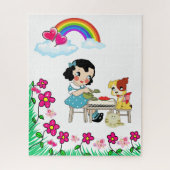 Puzzles Vintag Girl Dog Katze Blumenbogen (Vertikal)