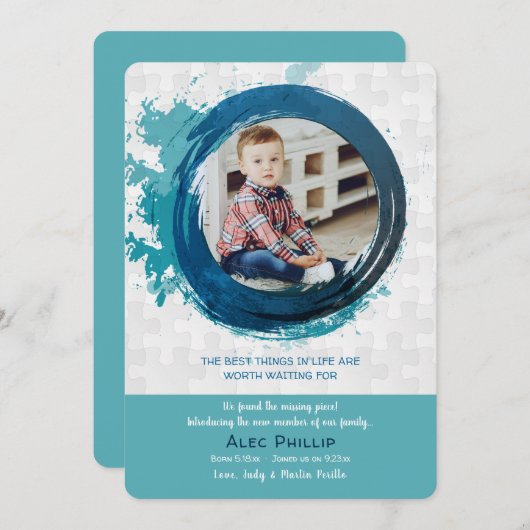 Puzzlespiel-Stück-blaue Foto-Adoptions-Mitteilung Einladung (Vorne/Hinten)