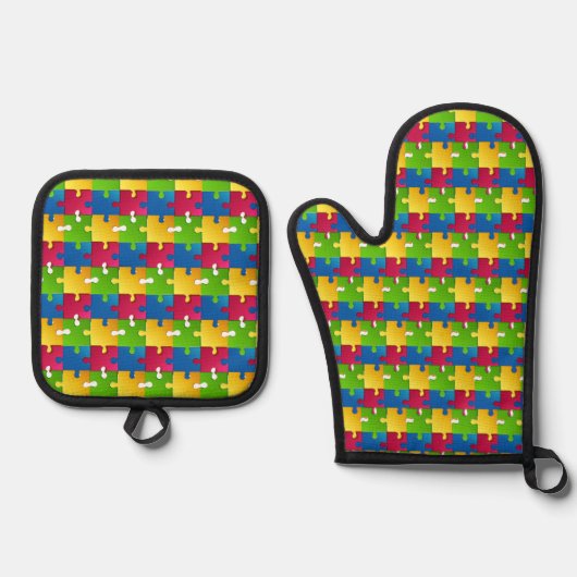 Puzzleteile Design Ofen Mitt & Pot Holder Set (Vorderseite)