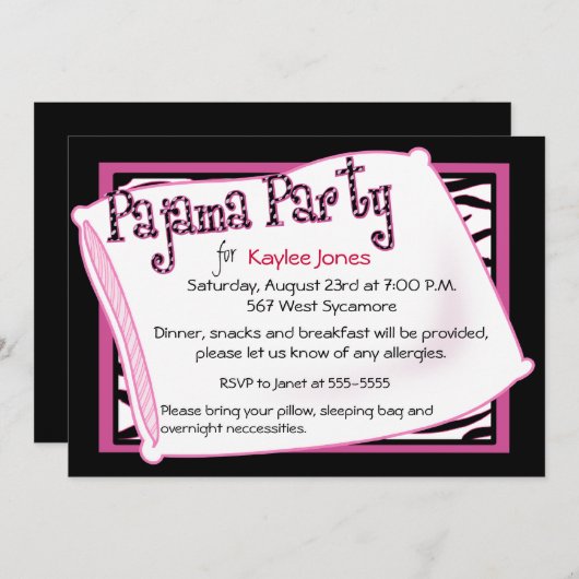 Pyjama-Party im Schwarzen und im Rosa Einladung (Vorne/Hinten)