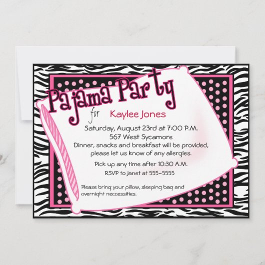 Pyjama-Party in den schwarzen und rosa Punkten Einladung (Vorderseite)