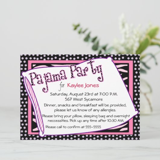 Pyjama-Party-Polka-Punkt-Rosa Einladung (Stehend Vorderseite)