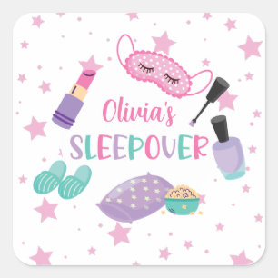Pyjamaparty Übernachtungsparty rosa lila Tweens Quadratischer Aufkleber