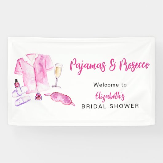 Pyjamas und Prosecco Brautparty Deko in Rosa Banner (Horizontal)