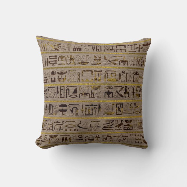 Pyrographed goldene ägyptische Hieroglyphen auf Kissen (Vorderseite)