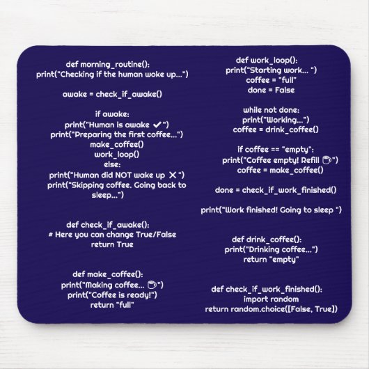 Python Morgenroutine() Mauspad – Geschenk für Code (Vorne)