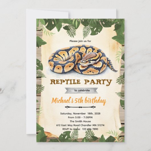 Python reptile birthday party invitation einladung (Vorderseite)