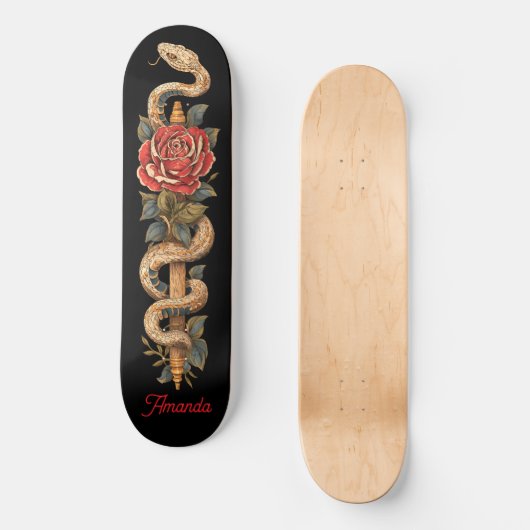 Python Schlange mit Rote Rose Skateboard (Vorderseite)