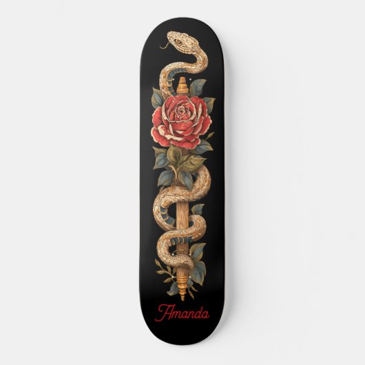 Python-Schlange mit roter Rose Skateboard (Vorderseite)