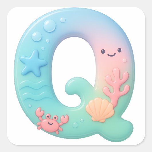 "Q" Cute Letter - Underwater Sea Creature Quadratischer Aufkleber (Vorderseite)