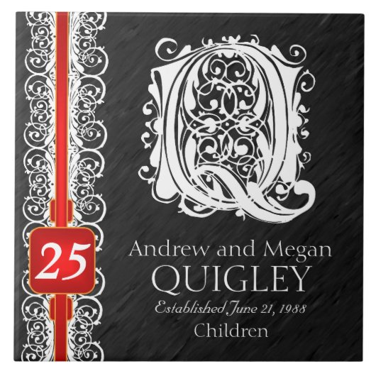 Q Monogram "White Lace on Black" Anniversary Tile Fliese (Vorderseite)