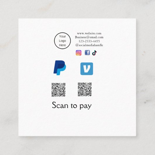 Q R Code PayPal venmo Scan zahlen hinzufügen Socia Quadratische Visitenkarte (Rückseite)