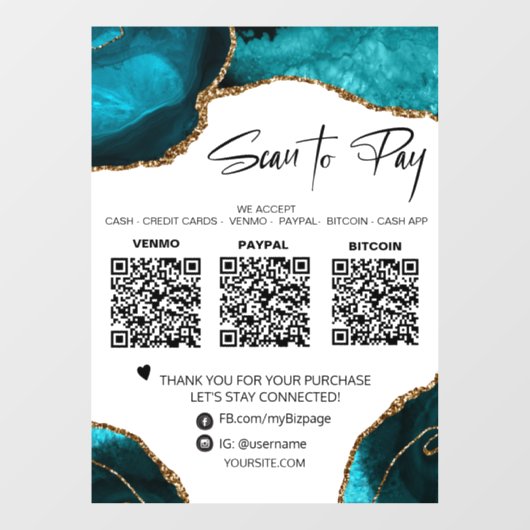 *~* QR 3 Bezahlung Aquamarin AGATE GOLD Window Dec Fensteraufkleber (Blatt)