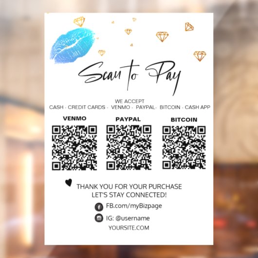 *~* QR 3 ZAHLUNG Diamanten LIPS Girly Glam Fensteraufkleber (Blatt 2)