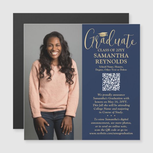 QR Abschluss Navy Gold Foto Ankündigung Magnet (Vorne/Hinten)