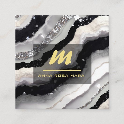 *~* QR Agate Schwarz-weiß Gold Glitzer Initial AP6 Quadratische Visitenkarte (Vorderseite)