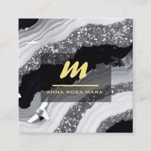 *~* QR Agate Schwarz-weiß Gold Glitzer Initial AP6 Quadratische Visitenkarte