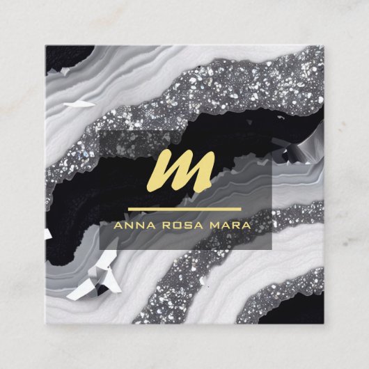 *~* QR Agate Schwarz-weiß Gold Glitzer Initial AP6 Quadratische Visitenkarte (Vorderseite)