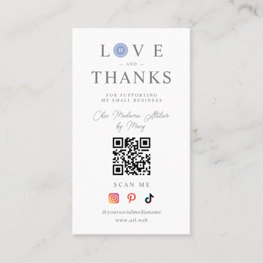 QR Baby Blue Button Love & Thanks Photo Supporting Visitenkarte (Vorderseite)