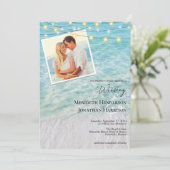 QR Beach Foto String Lichter alle in einer Hochzei Einladung (Stehend Vorderseite)