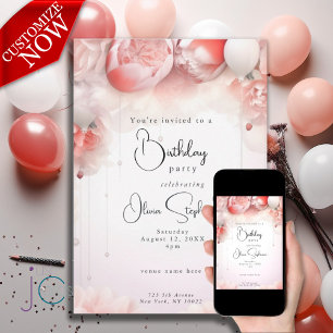 QR Birthday Coral Floral Peonies Einladung