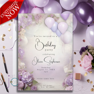 QR Birthday Lilac Floral and Balloons Einladung